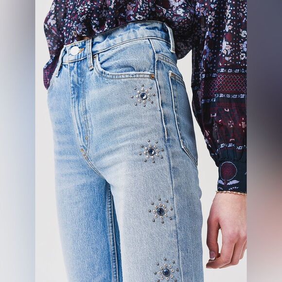 Re/Done 70s Loose Flare Jeans in Color 60s Studded Indigo Denim Women’s Size 24 - Picture 1 of 16